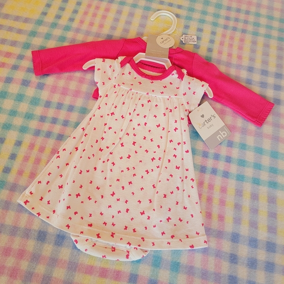 CARTER'S ♡ Precious White w/Pink Butterflies 2pc Onesie Dress w/Pink Sweater NB - Picture 4 of 9